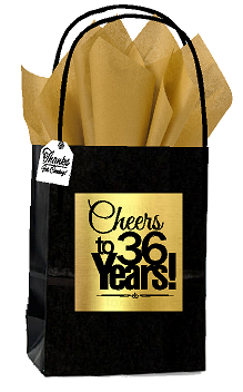 Black & Gold 36th Birthday - Anniversary Cheers Themed Small Party Favor Gift Bags with Tags -12pack