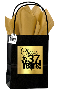 Black & Gold 37th Birthday - Anniversary Cheers Themed Small Party Favor Gift Bags with Tags -12pack