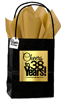 Black & Gold 38th Birthday - Anniversary Cheers Themed Small Party Favor Gift Bags with Tags -12pack