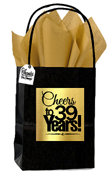 Black & Gold 39th Birthday - Anniversary Cheers Themed Small Party Favor Gift Bags with Tags -12pack