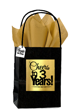 Black & Gold 3rd Birthday - Anniversary Cheers Themed Small Party Favor Gift Bags with Tags -12pack
