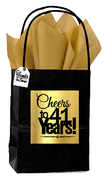Black & Gold 41st Birthday - Anniversary Cheers Themed Small Party Favor Gift Bags with Tags -12pack