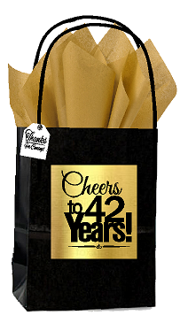 Black & Gold 42nd Birthday - Anniversary Cheers Themed Small Party Favor Gift Bags with Tags -12pack