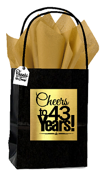 Black & Gold 43rd Birthday - Anniversary Cheers Themed Small Party Favor Gift Bags with Tags -12pack