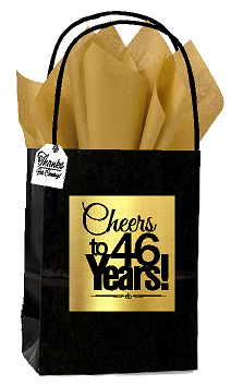 Black & Gold 46th Birthday - Anniversary Cheers Themed Small Party Favor Gift Bags with Tags -12pack