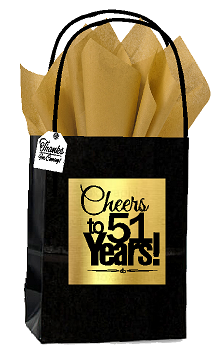 Black & Gold 51st Birthday - Anniversary Cheers Themed Small Party Favor Gift Bags with Tags -12pack
