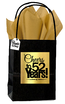 Black & Gold 52nd Birthday - Anniversary Cheers Themed Small Party Favor Gift Bags with Tags -12pack