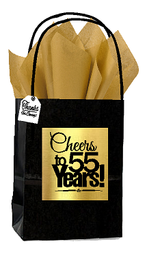 Black & Gold 55th Birthday - Anniversary Cheers Themed Small Party Favor Gift Bags with Tags -12pack