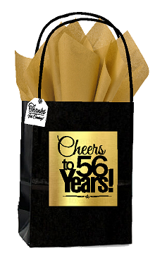Black & Gold 56th Birthday - Anniversary Cheers Themed Small Party Favor Gift Bags with Tags -12pack