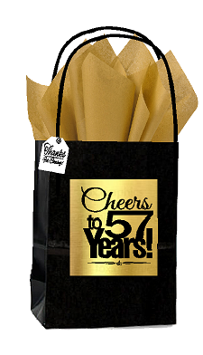 Black & Gold 57th Birthday - Anniversary Cheers Themed Small Party Favor Gift Bags with Tags -12pack