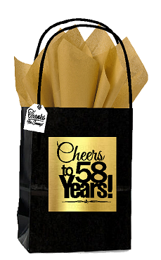 Black & Gold 58th Birthday - Anniversary Cheers Themed Small Party Favor Gift Bags with Tags -12pack