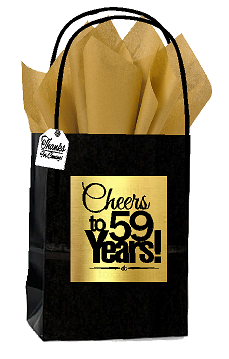 Black & Gold 59th Birthday - Anniversary Cheers Themed Small Party Favor Gift Bags with Tags -12pack