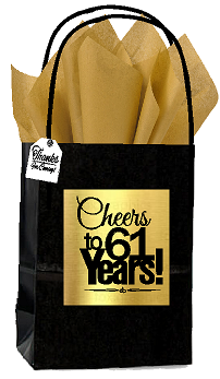 Black & Gold 61st Birthday - Anniversary Cheers Themed Small Party Favor Gift Bags with Tags -12pack