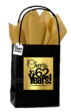 Black & Gold 62nd Birthday - Anniversary Cheers Themed Small Party Favor Gift Bags with Tags -12pack