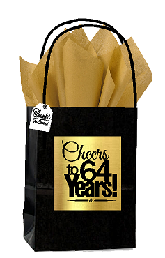 Black & Gold 64th Birthday - Anniversary Cheers Themed Small Party Favor Gift Bags with Tags -12pack