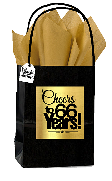 Black & Gold 66th Birthday - Anniversary Cheers Themed Small Party Favor Gift Bags with Tags -12pack