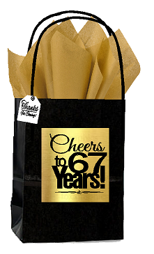 Black & Gold 67th Birthday - Anniversary Cheers Themed Small Party Favor Gift Bags with Tags -12pack