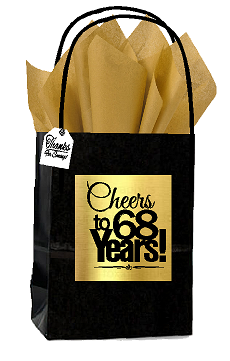 Black & Gold 68th Birthday - Anniversary Cheers Themed Small Party Favor Gift Bags with Tags -12pack