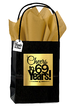 Black & Gold 69th Birthday - Anniversary Cheers Themed Small Party Favor Gift Bags with Tags -12pack