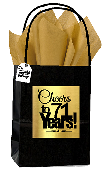 Black & Gold 71st Birthday - Anniversary Cheers Themed Small Party Favor Gift Bags with Tags -12pack