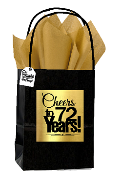 Black & Gold 72nd Birthday - Anniversary Cheers Themed Small Party Favor Gift Bags with Tags -12pack