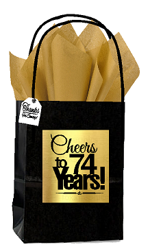 Black & Gold 74th Birthday - Anniversary Cheers Themed Small Party Favor Gift Bags with Tags -12pack