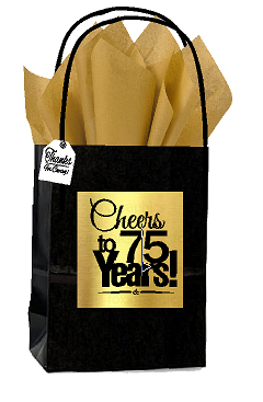 Black & Gold 75th Birthday - Anniversary Cheers Themed Small Party Favor Gift Bags with Tags -12pack