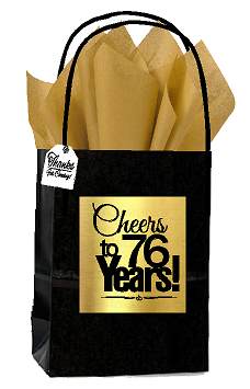 Black & Gold 76th Birthday - Anniversary Cheers Themed Small Party Favor Gift Bags with Tags -12pack