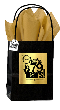 Black & Gold 79th Birthday - Anniversary Cheers Themed Small Party Favor Gift Bags with Tags -12pack