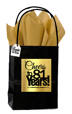 Black & Gold 81st Birthday - Anniversary Cheers Themed Small Party Favor Gift Bags with Tags -12pack