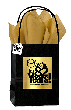 Black & Gold 82nd Birthday - Anniversary Cheers Themed Small Party Favor Gift Bags with Tags -12pack