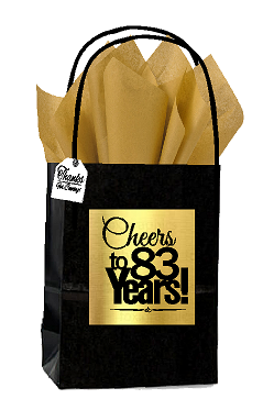 Black & Gold 83rd Birthday - Anniversary Cheers Themed Small Party Favor Gift Bags with Tags -12pack