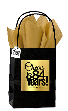 Black & Gold 84th Birthday - Anniversary Cheers Themed Small Party Favor Gift Bags with Tags -12pack