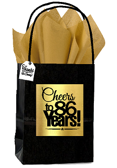Black & Gold 86th Birthday - Anniversary Cheers Themed Small Party Favor Gift Bags with Tags -12pack