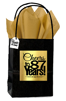Black & Gold 87th Birthday - Anniversary Cheers Themed Small Party Favor Gift Bags with Tags -12pack