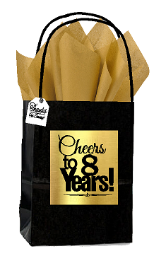 Black & Gold 8th Birthday - Anniversary Cheers Themed Small Party Favor Gift Bags with Tags -12pack