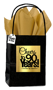 Black & Gold 90th Birthday - Anniversary Cheers Themed Small Party Favor Gift Bags with Tags -12pack