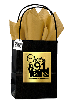 Black & Gold 91st Birthday - Anniversary Cheers Themed Small Party Favor Gift Bags with Tags -12pack