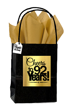 Black & Gold 92nd Birthday - Anniversary Cheers Themed Small Party Favor Gift Bags with Tags -12pack