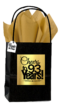 Black & Gold 93rd Birthday - Anniversary Cheers Themed Small Party Favor Gift Bags with Tags -12pack