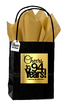 Black & Gold 94th Birthday - Anniversary Cheers Themed Small Party Favor Gift Bags with Tags -12pack