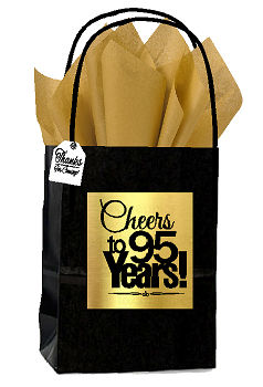 Black & Gold 95th Birthday - Anniversary Cheers Themed Small Party Favor Gift Bags with Tags -12pack