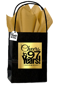 Black & Gold 97th Birthday - Anniversary Cheers Themed Small Party Favor Gift Bags with Tags -12pack