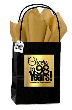 Black & Gold 98th Birthday - Anniversary Cheers Themed Small Party Favor Gift Bags with Tags -12pack