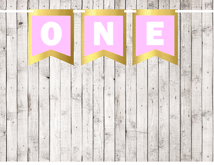 First (1st) Birthday Gold and Baby Pink Party Theme Picture Backdrop-HIgh Chair-Wall Decoration Banner