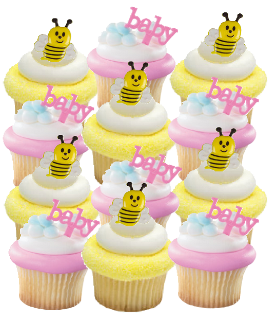 24pk Bee & Baby (Girl) Pink Cupcake Decoration Toppers - Picks