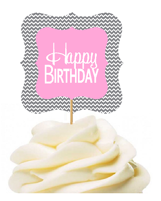 12pack Happy Birthday Pink Grey Chevron Birthday Party CUpcake Desert Appetizer Food Decoration Picks