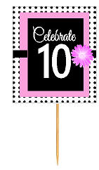 10th Happy Birthday Black Polka Dot Novelty Cupcake Decoration Topper Picks -12ct