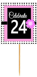 24th Happy Birthday Black Polka Dot Novelty Cupcake Decoration Topper Picks -12ct