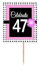 47th Happy Birthday Black Polka Dot Novelty Cupcake Decoration Topper Picks -12ct